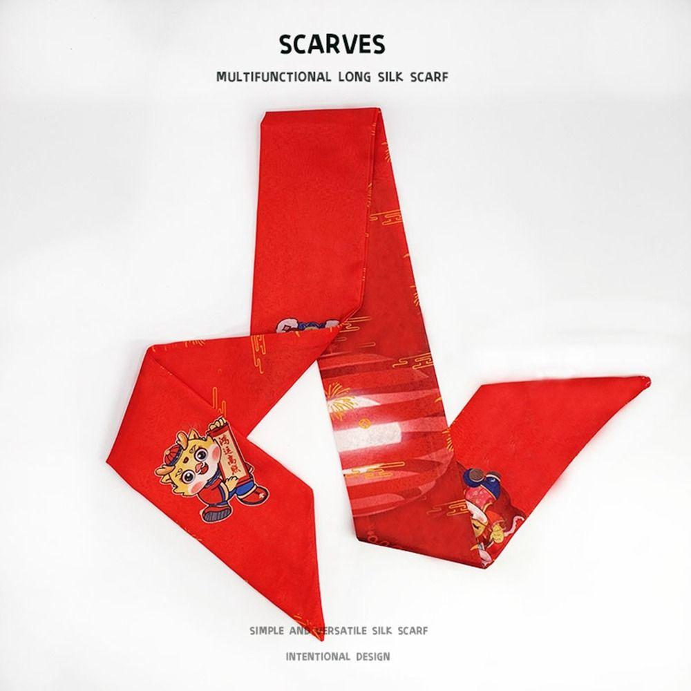 Printed New Year Red Silk Scarf New Year Scarves Scarf Hair Band Long Scarf New Year Decoration