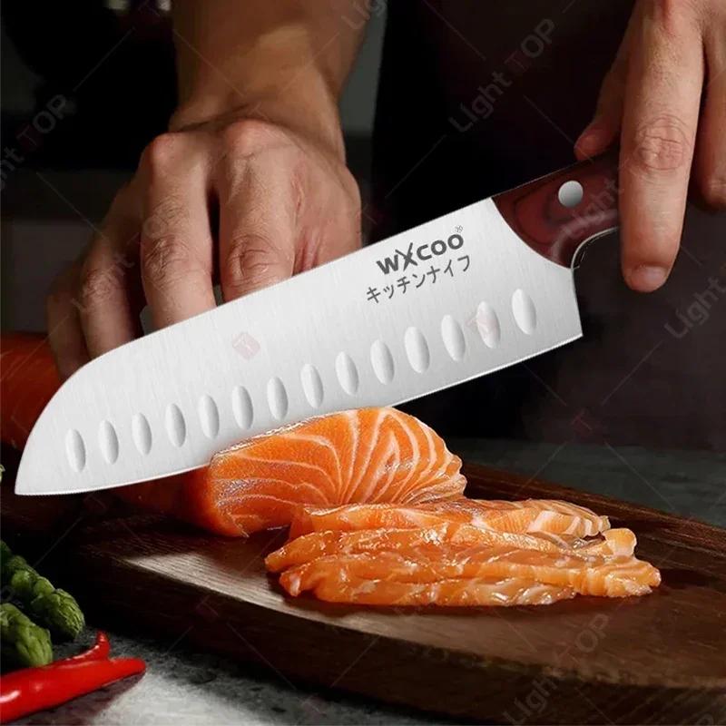 WXCOO Кухонный нож из нержавеющей стали Нож для овощей и фруктов Разделочный нож для костей Японский нож для рыбы Сантоку Деревянная ручка