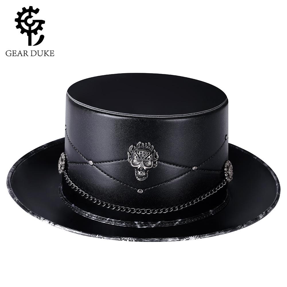 Halloween European And American Punk Plague Doctor Pu Leather Magic Hat, Skull Black Top Hat Female Photo Prop