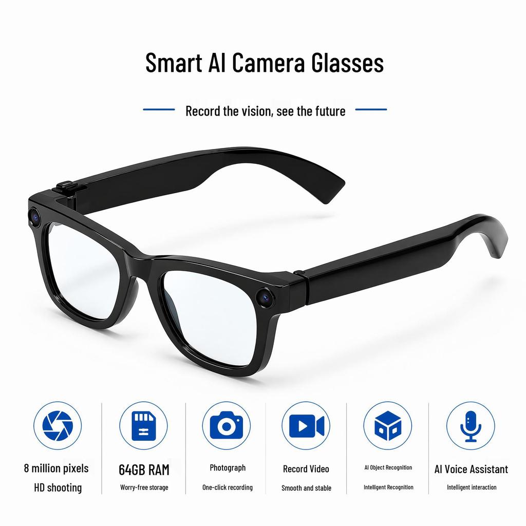 Cross-Border AI Smart Glasses T100: 800W Pixel Camera, 8G Memory, Video Recording, AI Object Recognition, Translation