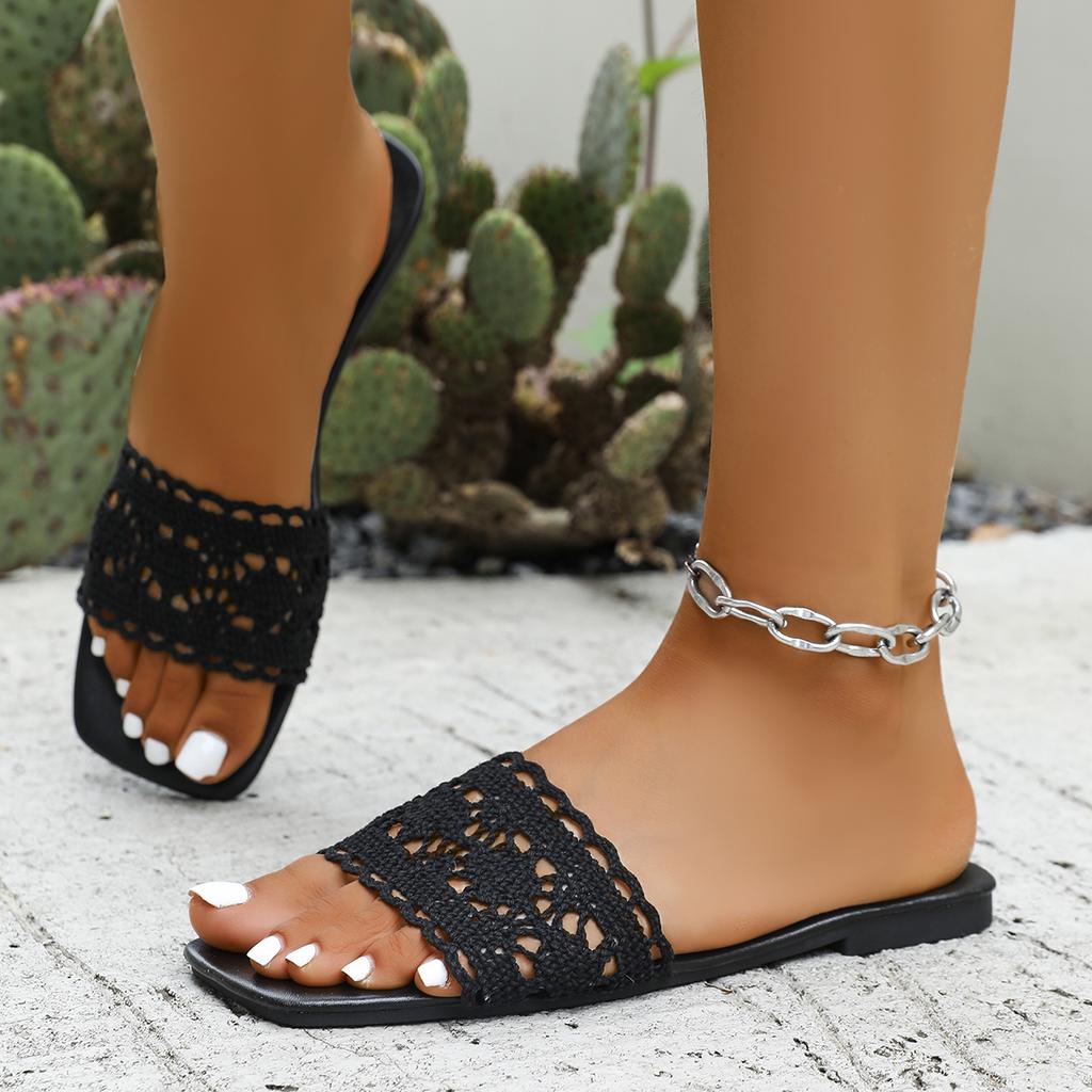 Fashion Sexy Knitted Lace Strap Breathable Slides Square Toe Flat Heel Slip On Sandals Women Summer Fashion Light Weight Beach Slippers