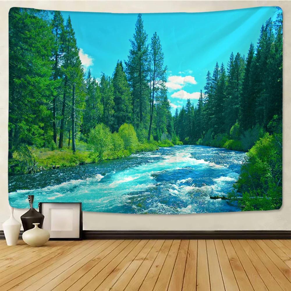 Настенный гобелен Forest River - Пейзаж природы HD-печать, Успокаивающая сцена с водопадом для декора спальни и гостиной