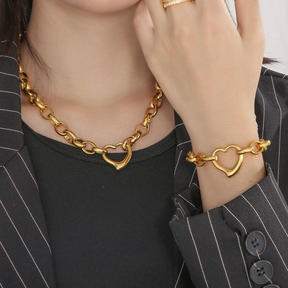Stainless Steel Heart Bracelet Polished Metal Chain Bangle Bracelet Bangle Anniversary Gift