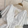 Summer Korean Hollowed-out Deep V-neck Waistband Show Thin Ruffle Sleeve A-line Seaside Holiday Beach Dress Vestidos