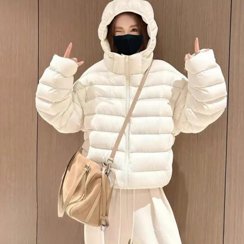 Womens Short Puffer Jacket With Hood Loose Fit Warm Cotton Coat Winter 2026 Korean Style