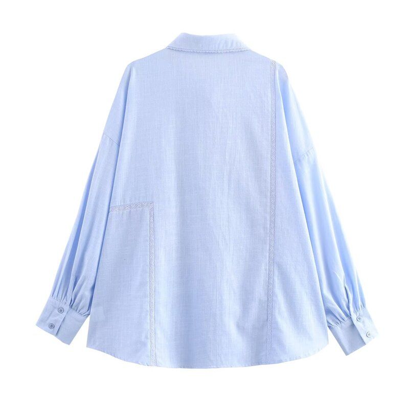 Fashion Style 2024 Autumn New Women's Clothing Easiest for Match Linen Blended Lace Trim Long Sleeves Shirt 8342738