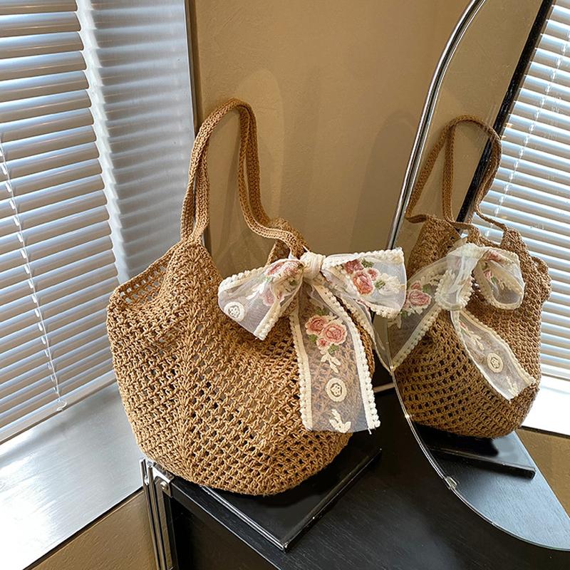 Solid Color Crochet Tote Handbag Summer Beach Scarf Decor Fashion Women's Mesh Woven Shoulder Bags Large Capacity Knitting Underarm Bag CLE