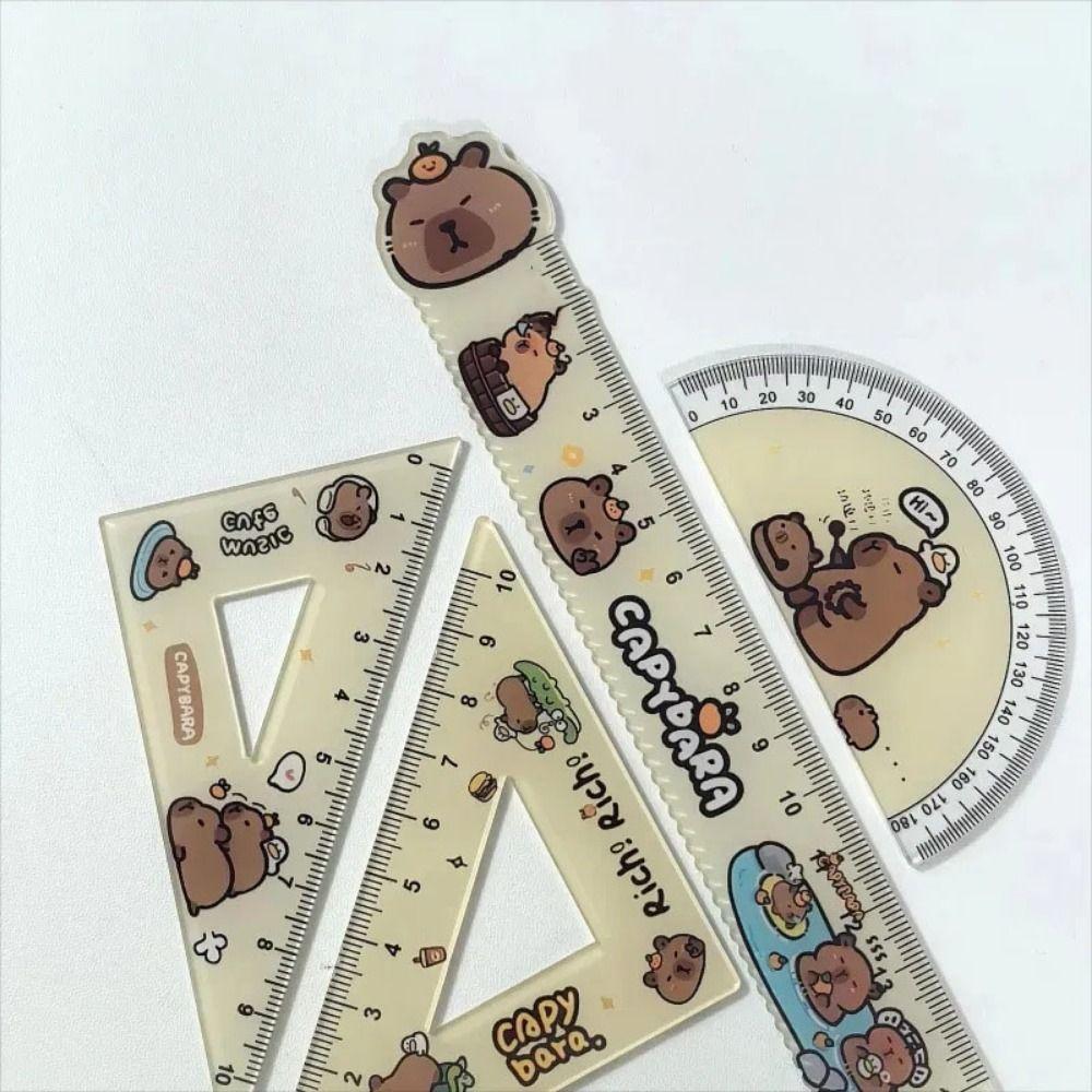 Симпатичная линейка, набор из четырех предметов, мультяшный узор с капибарой, набор линеек, треугольный транспортир, детский набор