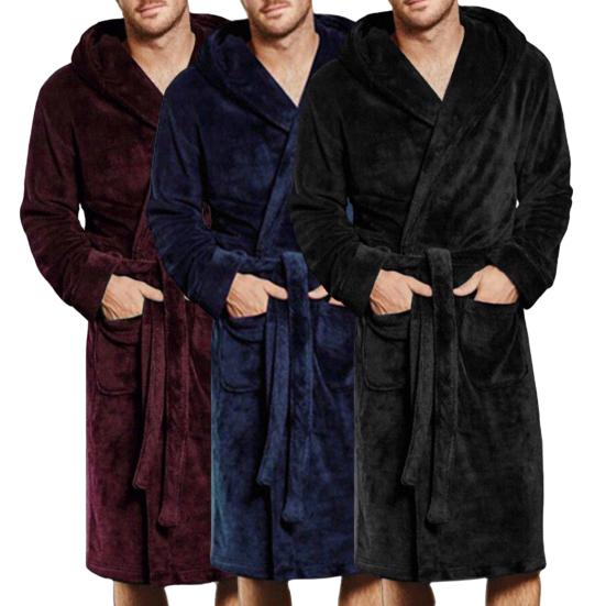 Long Sleeve Pockets Belt Solid Color Men Bathrobe Winter Warm Hooded Fleece Lengthened