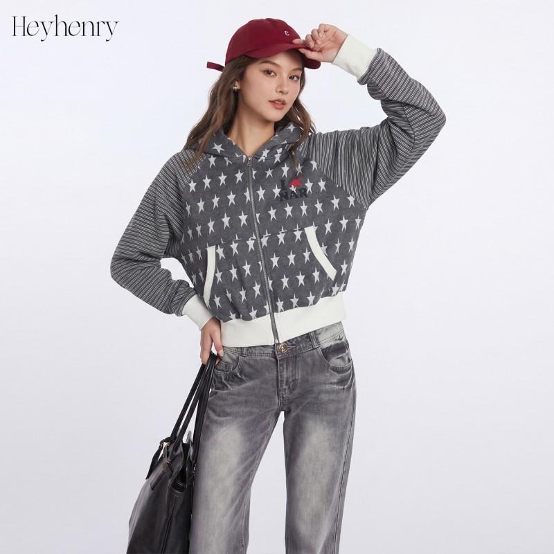 HeyHenry American Vintage Star Zip Up Hoodie Cropped Loose Fit Streetwear Jacket