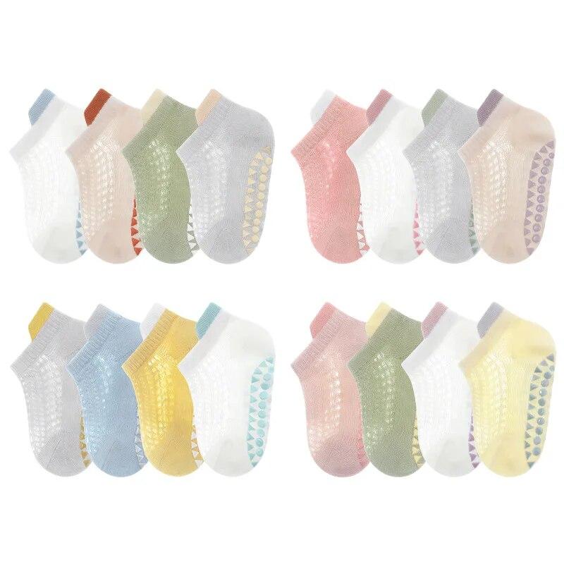4 пары летних детских носков для мальчиков и девочек, модные простые стильные детские носки до щиколотки, тонкие нескользящие носки из мягкой хлопковой сетки