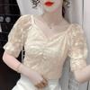 Женская летняя кружевная рубашка с короткими рукавами, французский квадратный воротник с пузырьковым воротником, короткий шифоновый топ, тонкие и тонкие футболки с v-образным вырезом
