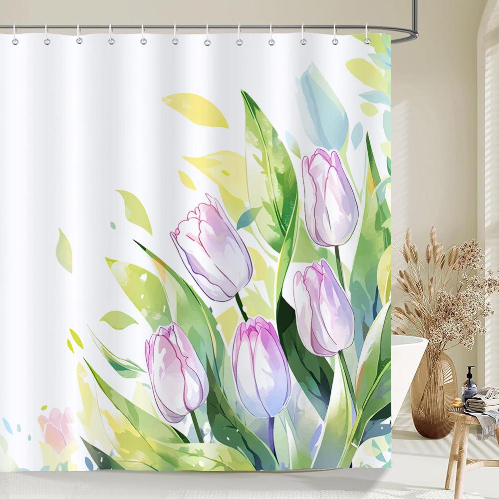 Tulip Flowers Print Shower Curtains Watercolor Boho Floral Waterproof Polyester Bathroom Bathtub Curtain Room Decor With Hooks