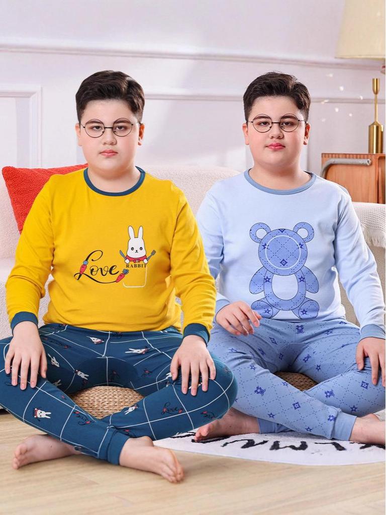 Детский хлопковый комплект пижамы: Теплые топы с длинным рукавом и брюки для мальчиков и девочек - Осень и Зима