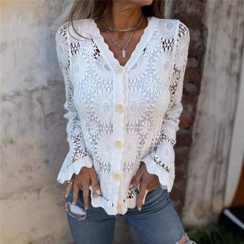 Summer New Style Ladies Blouse Shirt European And American Women's Sexy Lace Hollow Lace V Neck Long Sleeved Blouse