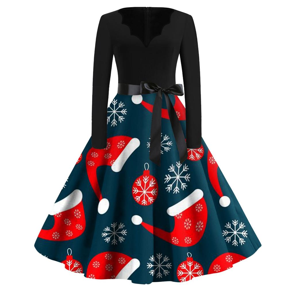 Women's Casual Fashion V Neck Long Sleeve Christmas Printed Vintage Long Dress