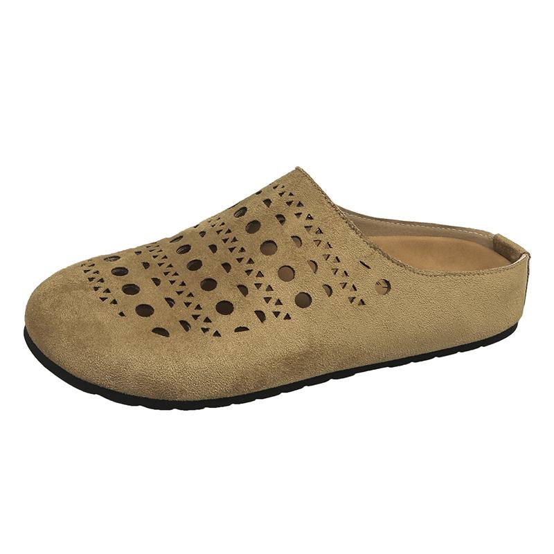 Баотоу Перфорированные Замшевые Кожаные Однотонные Лаконичные Полушлепанцы Женские Круглый Носок Натягивающиеся Мюли Пляжная Обувь Женская