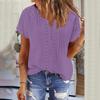 Solid Color Lace Hollow Pleated Top V-Neck Pullover Short Sleeved T-Shirt For Women