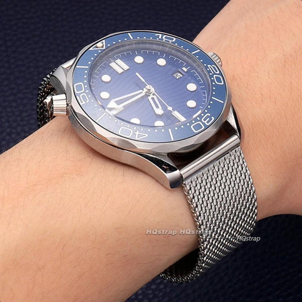 Сетчатый Миланский Браслет для Часов Omega Seamaster 007 Металлический Нержавеющая Сталь с Складной Застежкой 20мм 22мм Быстросъемный Ремешок
