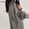 Women's Knitted Cardigan Korean Fashion Clothes Autumn Chic Argyle Vintage Sweater Lantern Sleeve Loose Jumper Coat
