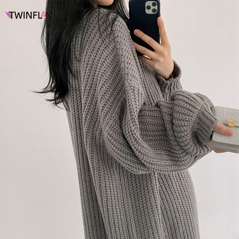 Women's Knitted Cardigan Korean Fashion Clothes Autumn Chic Argyle Vintage Sweater Lantern Sleeve Loose Jumper Coat