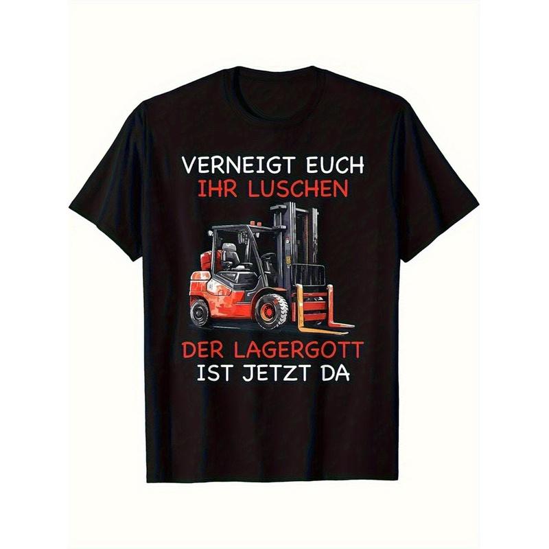 2026 Fashion Style W Men'S Funny German Warehouse Worker T-Shirt | Lagergott Ist Da Stapler Lagerist Saying & Forklift Graphic, Casual Short Sleeve
