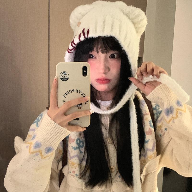 Cute Bear Hat for Women in Autumn and Winter Warm and Face Friendly Small Ear Protection Hat  Buttoned Beanie Plush and Fluffy