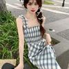 Sweet and Gentle Wind Plaid Suspender Dress Women's Summer New Retro Sleeveless Waist Coffee Break Medium and Long Dress