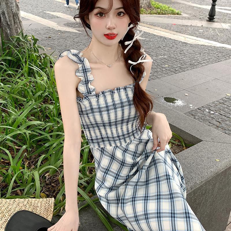Sweet and Gentle Wind Plaid Suspender Dress Women's Summer New Vintage Sleeveless Waist Coffee Break Medium and Long-cut Dress