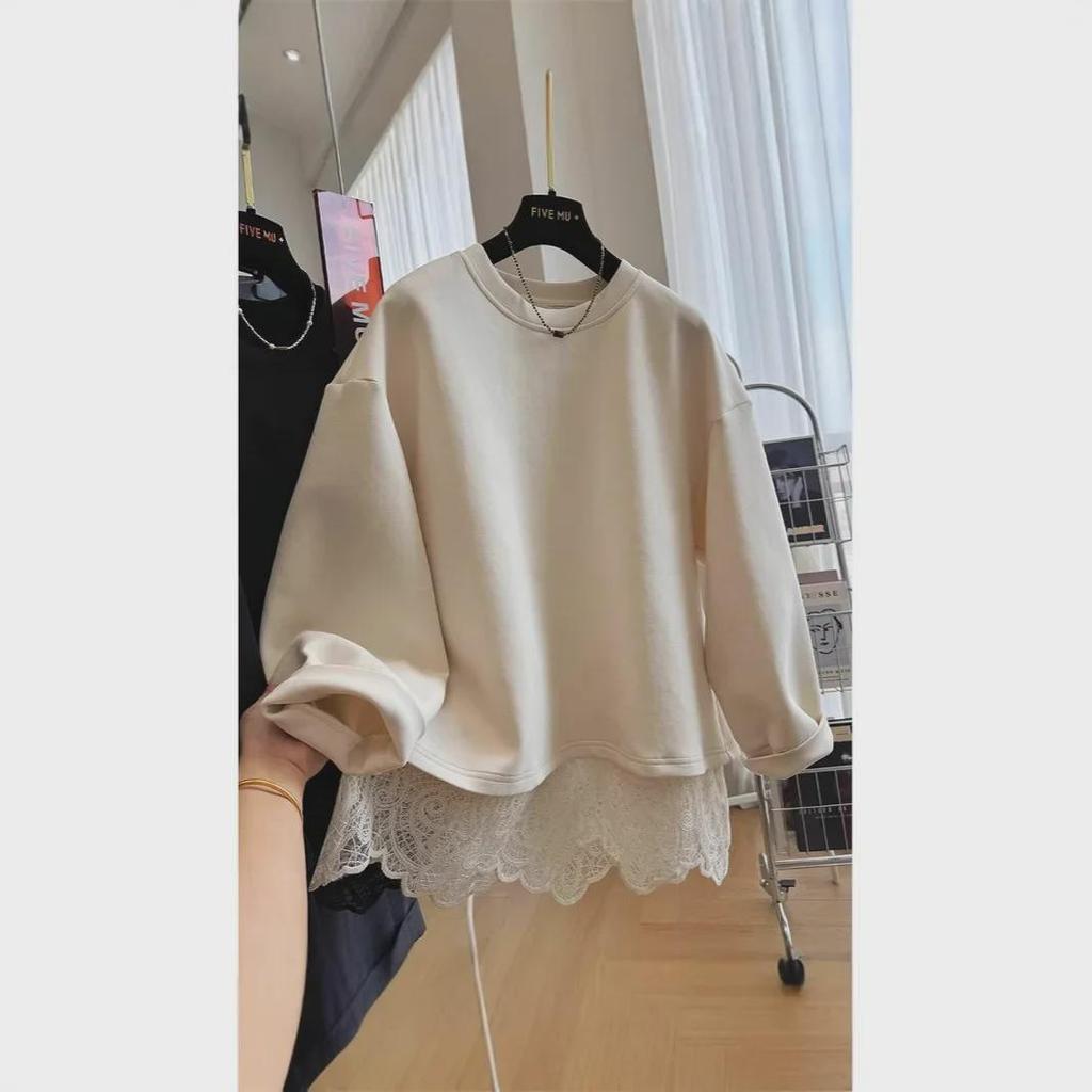 2024 Women's Lace Spliced Two-Piece Look Pullover Sweatshirt, Round Neck, Loose Fit for Spring and Autumn