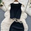 Summer Women Designer Black Knitted Sweater Two Piece Set Short Tank Pullover Top and Long Maxi Sheath Skirt Suit