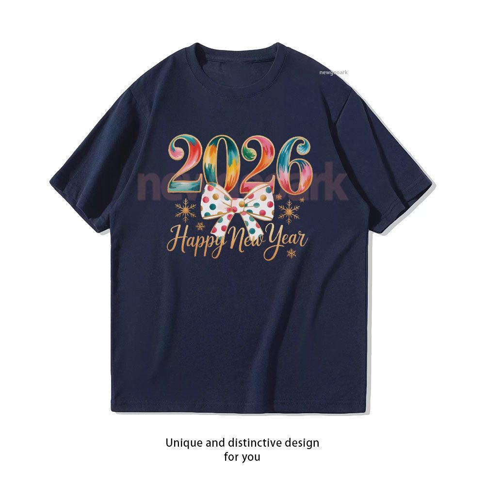 Happy New Year 2026 Woman Big Bowknot Printed Tshirt New Years Eve 2026 Cotton Shirt Family Gathering Party Shortsleev Adult