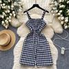 Autumn Winter Women Casual Single Breasted Spaghetti Strap Houndstooth Tweed Mini Short Dresses