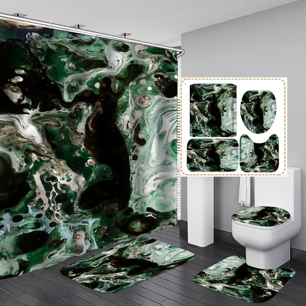 4Pcs Luxury Marble Shower Curtain Sets Bathroom Decor Sets with 12 Hooks Bath Mat Toilet Lid Rug and Non-Slip U Shape Mat