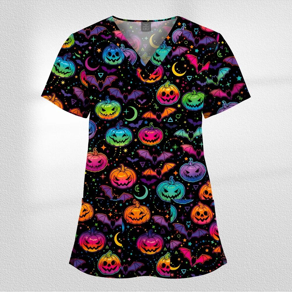 Women Working Uniform Cartoon Animal Print Short Sleeve V-neck T-shirt Tops Femme Blouse Nurse Work Wear Size XXS-6XL