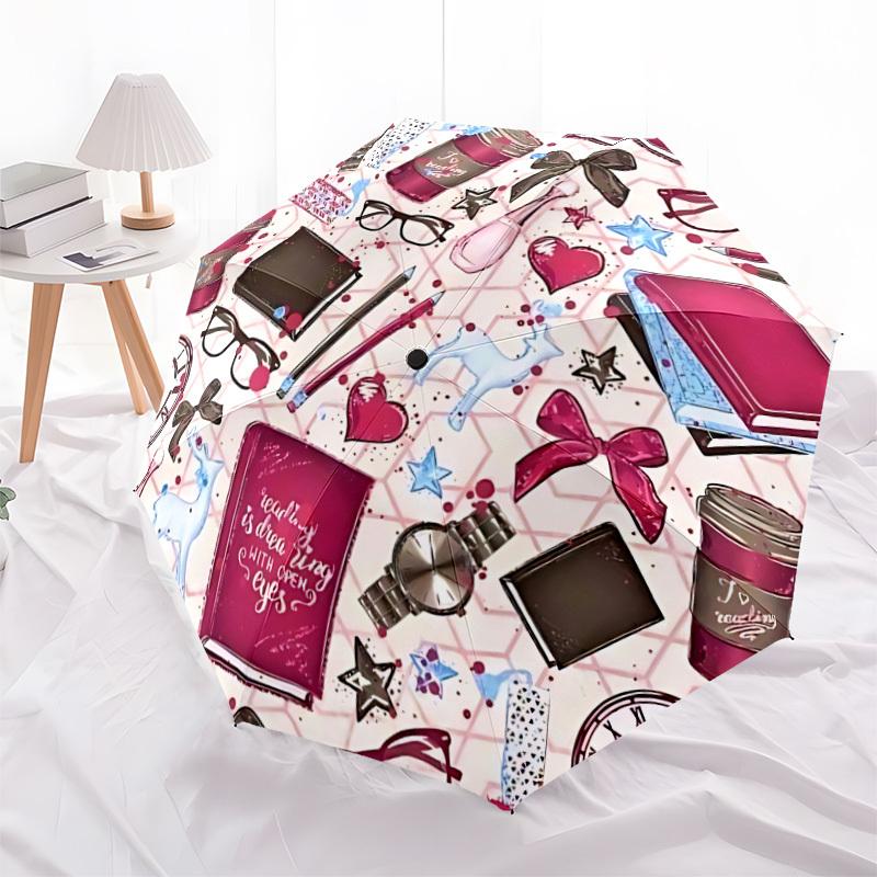 1pc Book Print Automatic Opening/Closing Umbrella with Operation & Windproof Canopy yy260311021
