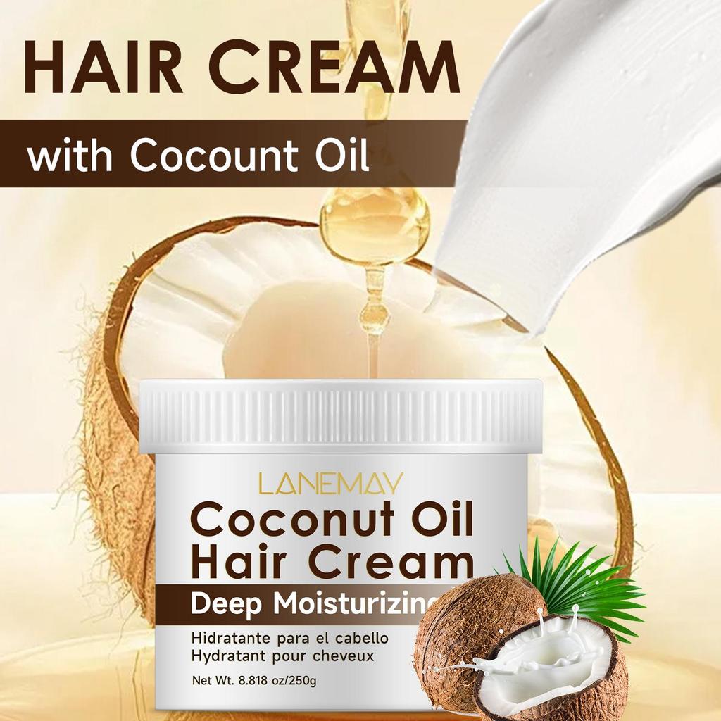 Coconut Oil Hair Cream-Providing Moisture for Softness, Shine, Reduced Frizz, and Healthy hair-For All Hair Types, Women and Men, 250ml