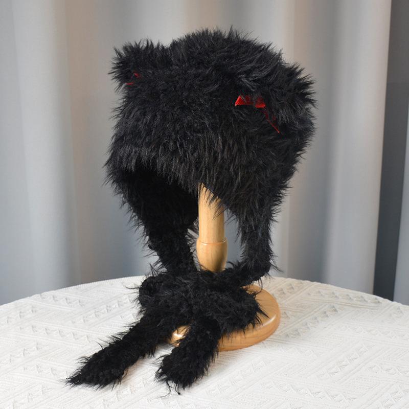 Women Autumn Winter Warm Thicken Ear Protector Hat Cold Fur Velvet Outdoor Cat Ear Bow Bomber Hats Sweet Cute Lei Feng Cap