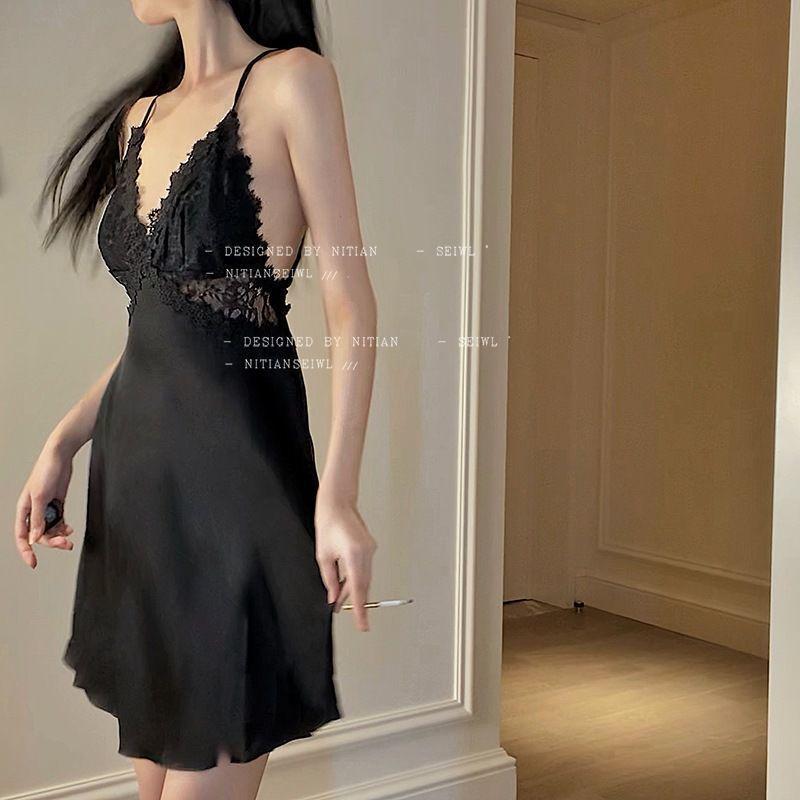 Korean Style Ice Silk Lace Backless Nightdress - Summer Sleepwear Short Skirt for Small Chest