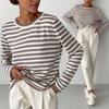 Women Tops Round Neck Long Sleeve Striped Print Sweater Loose Fit Stretchy Retro Knitting Tops Daily Wear