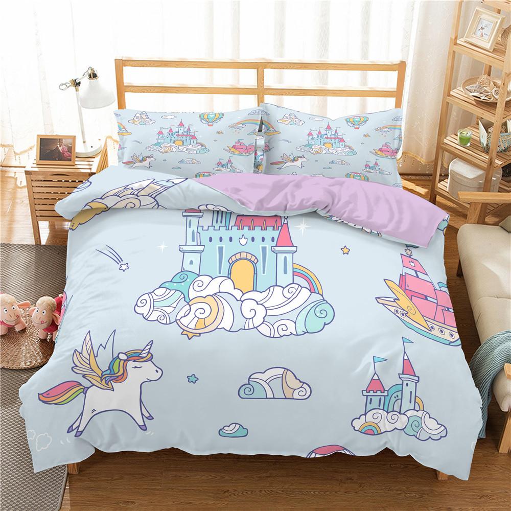Kids Cartoon Duvet Cover Set Full/Queen Microfiber 3D Bedding Set Soft Pink Castle Princess Comforter Cover With 2 Pillow Shams