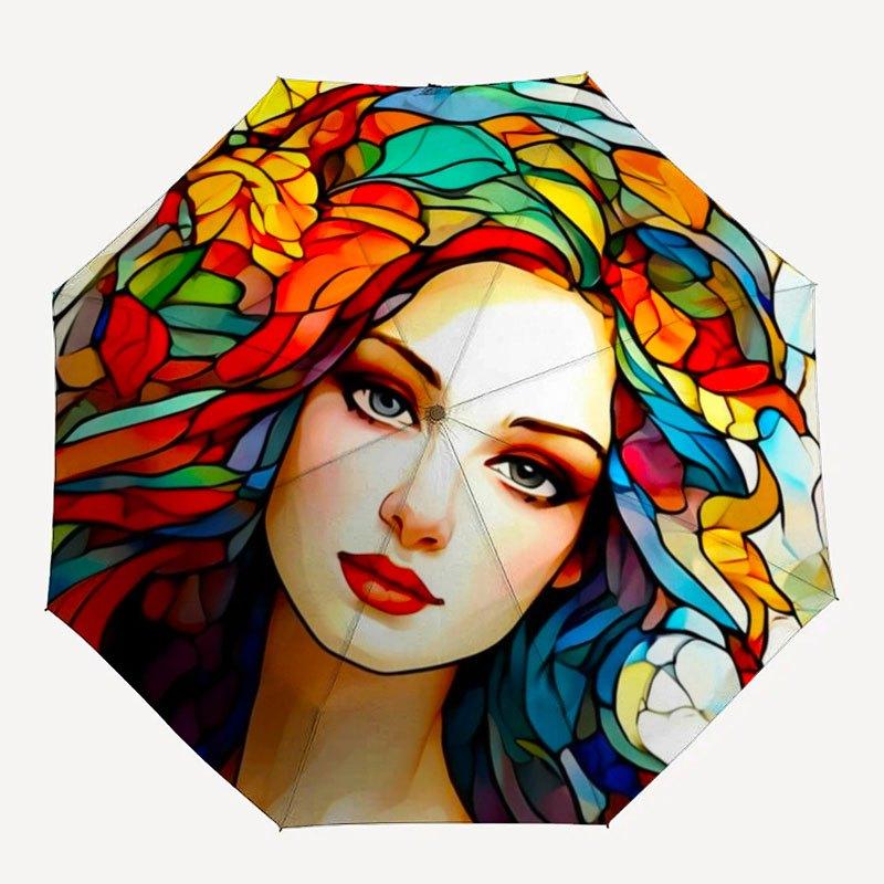Stained Glass Fantasy: Colorful Floral Headpiece for WomenUmbrella with Cute Design,Portable 3-Fold Compact Umbrella for Men&Women,Valentine