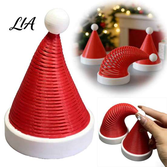 Collectible Figurines for Gifts 3D Printed Flexible Spring Santa Hat Figurine, Retractable Spiral Coil Small Statues Home Christmas Desktop