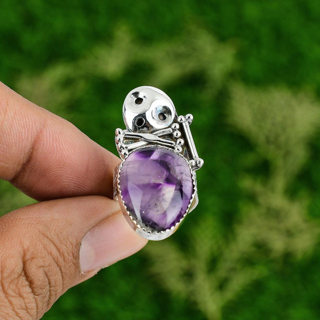 Natural Star Amethyst Promise Skull And Bone Purple Adjustable Ring 925 Silver