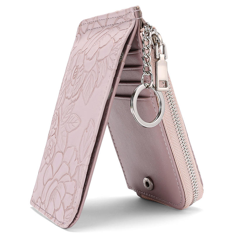Card Holder Multiple Card Slots Zipper Card Bag Embossed Design Large Capacity Coin Purse Card Bag Wrist Strap Hand-Held Bag With Key Ring