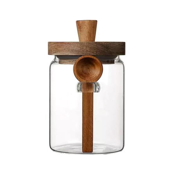 Glass Airtight Canister Sealed Jar with Wooden Spoon Transparent Food Storage Jar for Spice Coffee Beans Kitchen Pantry Supplies