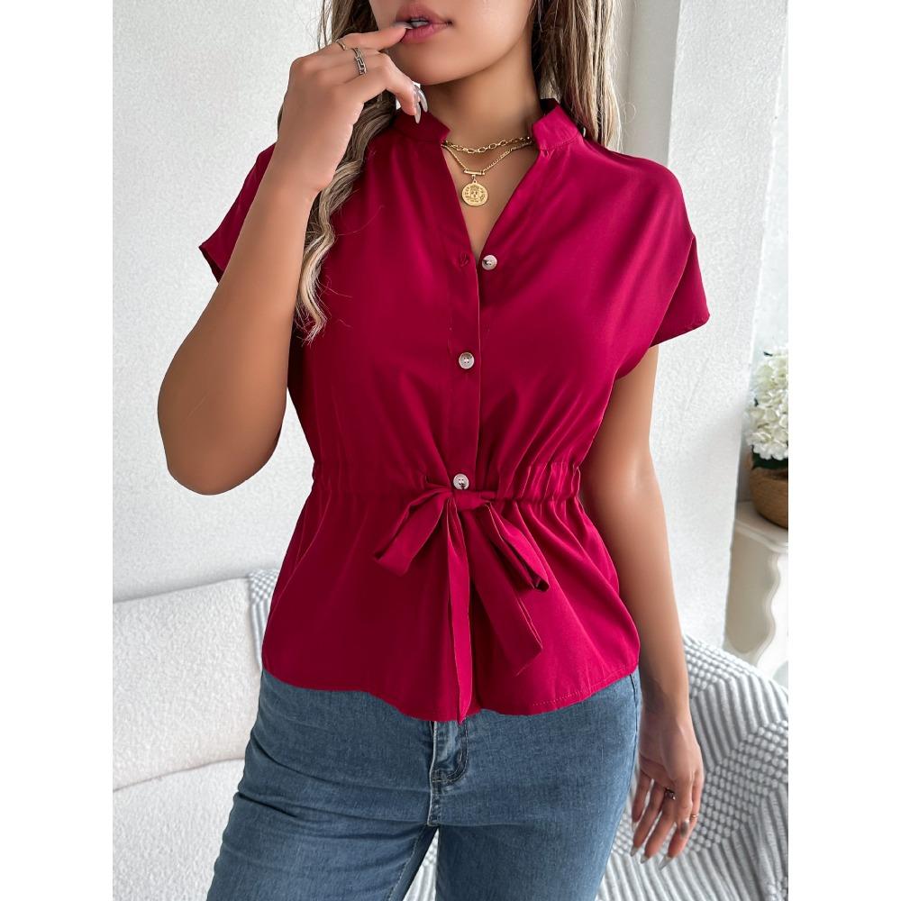 Spring Summer Women's Casual Solid Colour Button Drawstring Short Sleeve Shirt