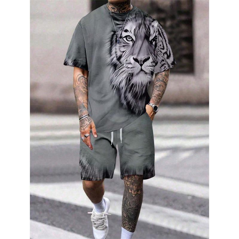 New Men's Short-Sleeved T-Shirt Shorts Set Fashion Summer Lion King Print Short-Sleeved Shorts Two-Piece Street Shoot Clothing