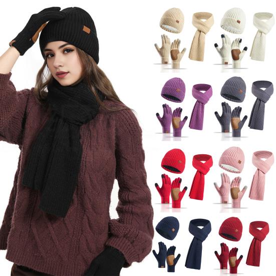 3 Pcs/Set Unisex Winter Beanie Scarf Gloves Set Thick Knitted Warm Cap Great Friction Palm Gloves Elastic Ear Protection Windproof Winter Outdoor