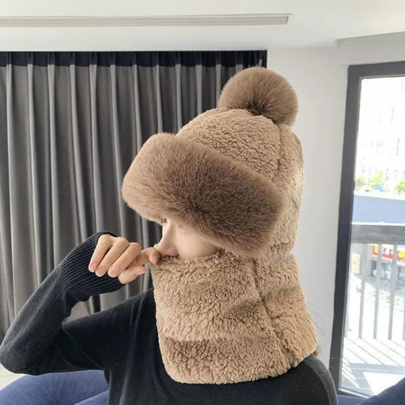 Winter Scarf Set Hooded Women's Plush Scarf Warm Hat Outdoor Ski Windproof Hat Thickened Plush Fluffy Woolen Hat
